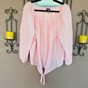 Jones New York Pink & White Striped Tie-Front Peasant Blouse